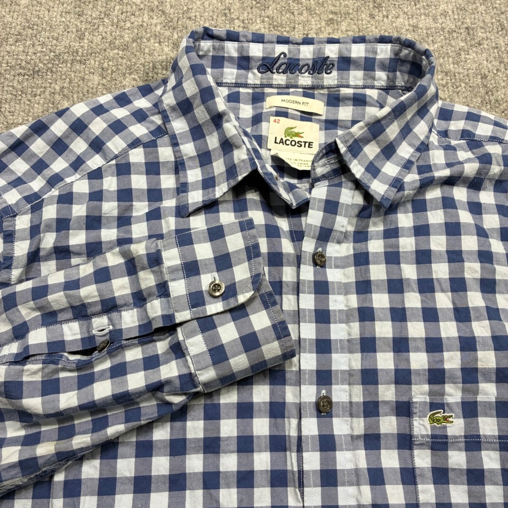 Lacoste Gingham Shirt Mens 42 Blue White Modern‎ Fit Cotton Long Sleeve Preppy